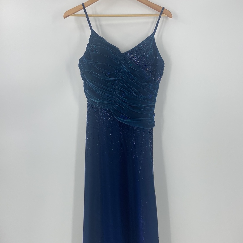 Riva Designs beaded long formal gown mermaid shimmer velour sweetheart neckline